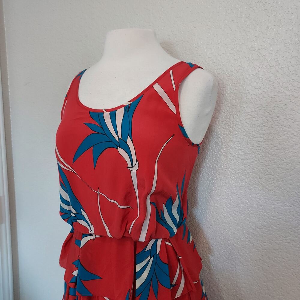 Sariah 100% Silk Red Palm Print Sleeveless Layered Dress Size 4 - Picture 5 of 13